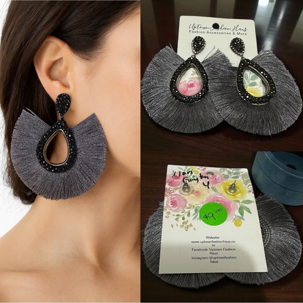 351 Uptown Fashion Haus | NWT Boho Gray Fringe Teardrop Earrings (size OS)
